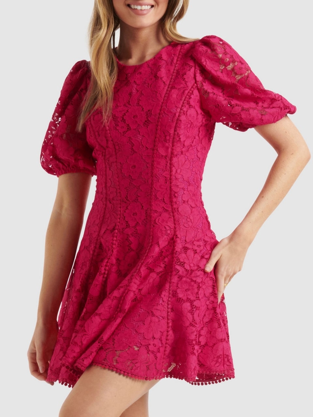 Ever New Milly Lace Trim Mini Dress Bright Rose Pink Puff Sleeve - Picture 5 of 12